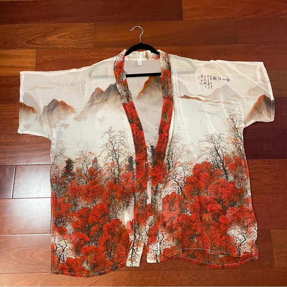 CCC Sheer Open Kimono Cardigan Asian Art To Wear Nature One Size READ B32 - Picture 3 of 14